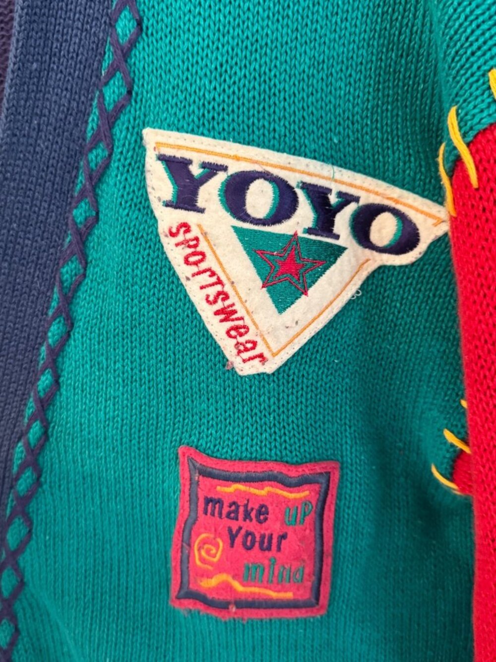Vintage YOYO Colorblock Knit Cardigan Sweater Patch Primary ABC 90s 80s Small - Picture 7 of 10